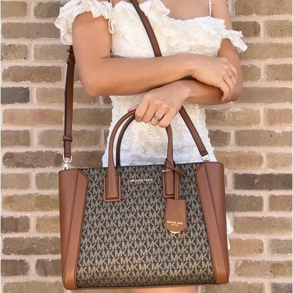 Michael Kors Kali Medium Satchel Crossbody + Ipad Case Brown Gold MK - Picture 2 of 8